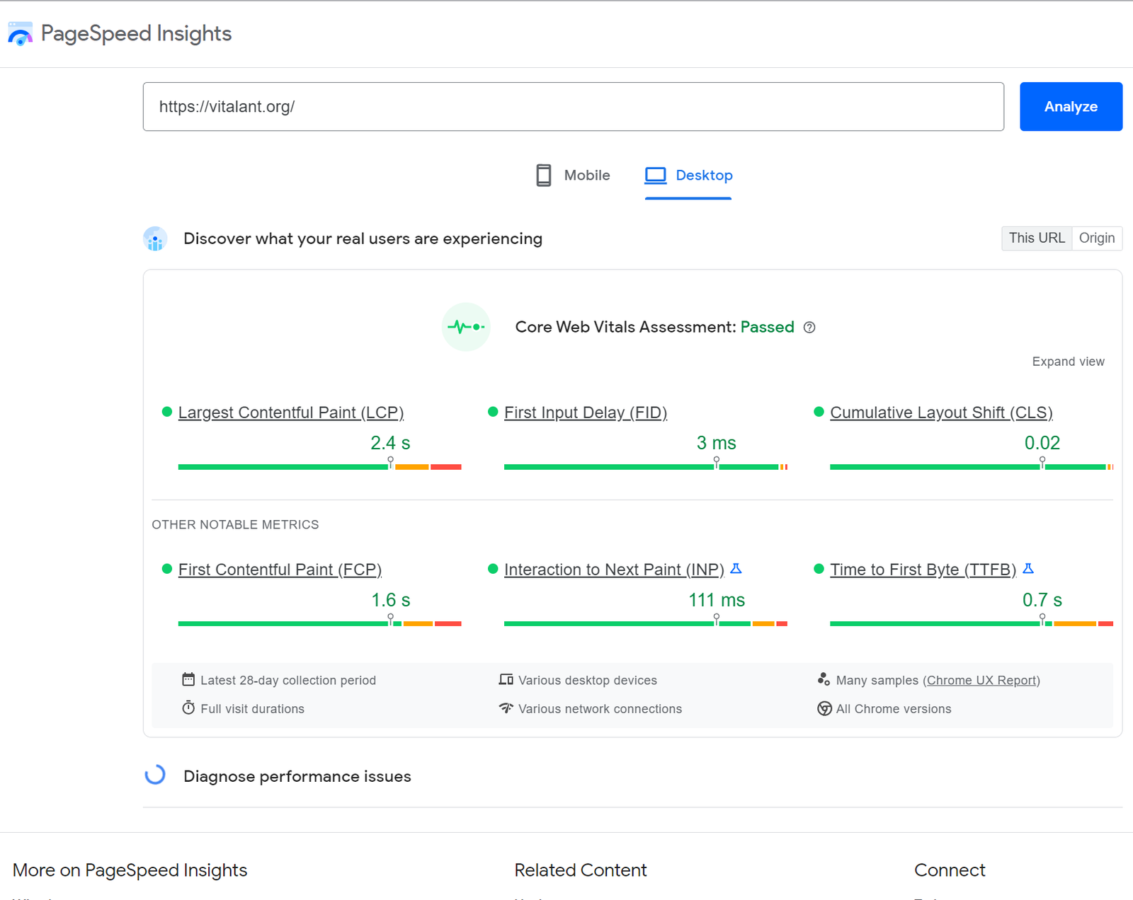 results for page speed insights that include green ratings across various metrics that google uses to rate the user experience